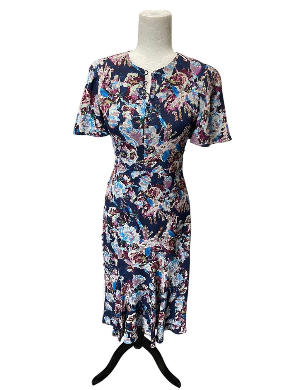 Prabal Gurung 'Victoria' Navy Printed Flutter Sleeve Silk Midi Dress Size 0